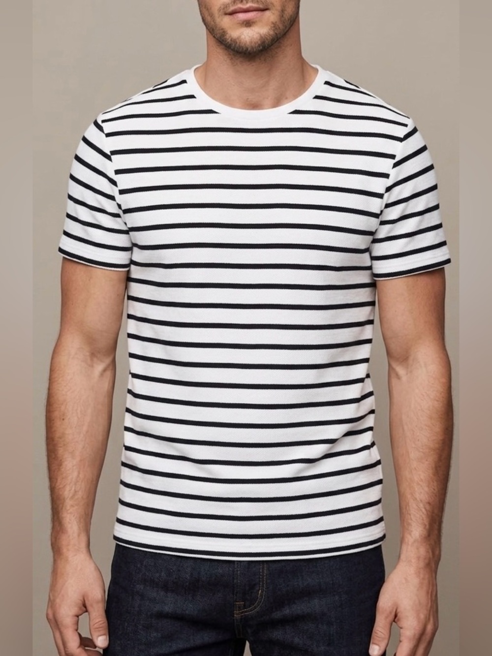 New Men's White and Black Striped Crewneck T-Shirt